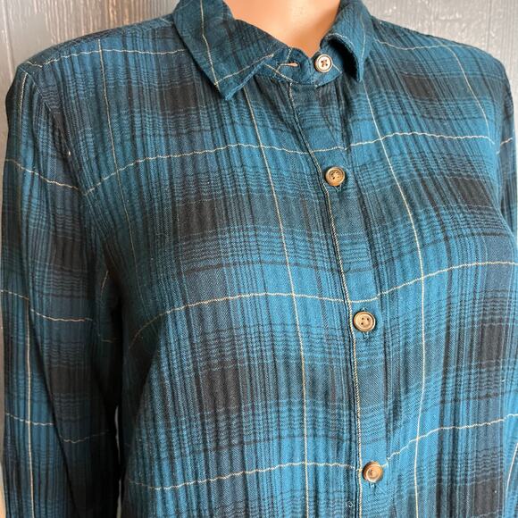 J. Jill Plaid Button-Front Shirt Dress in Teal Blue Long Sleeve Tunic Cabin Core - Picture 2 of 4